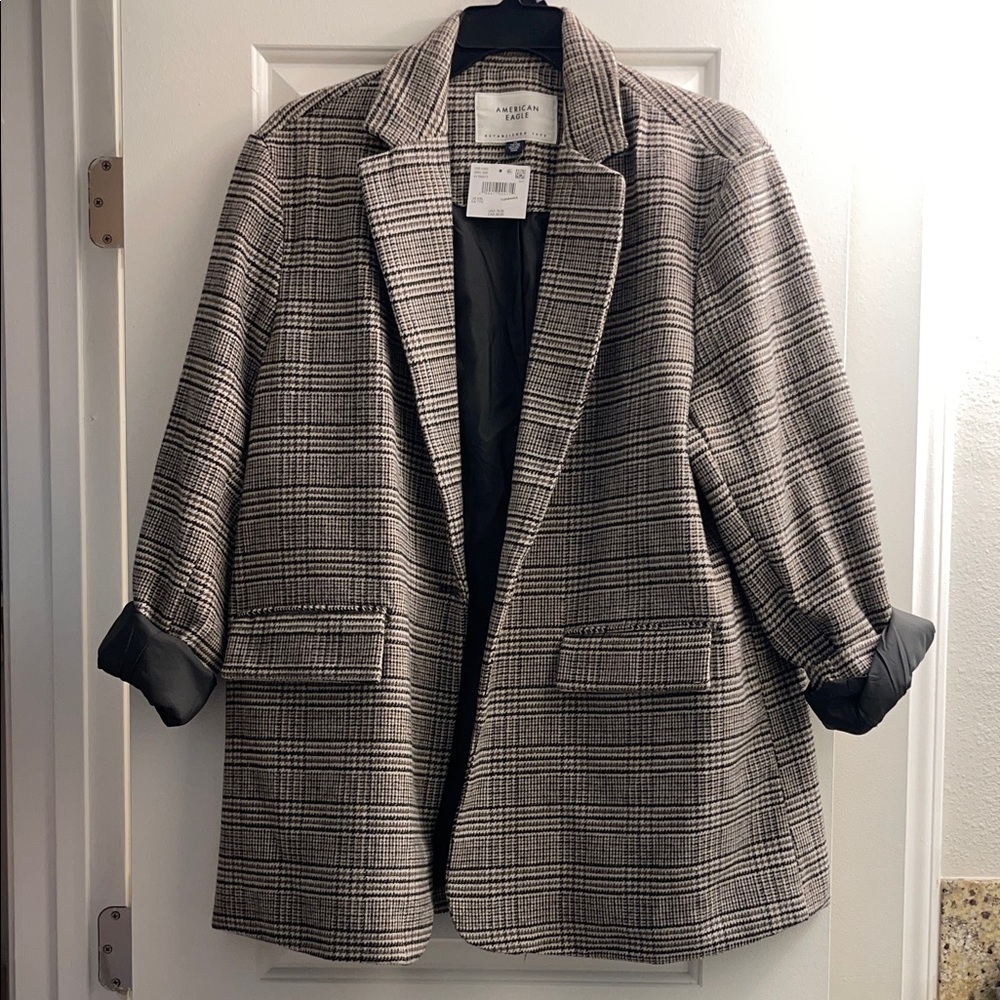 American Eagle Outfitters Brown and Tan Plaid Wool Blazer